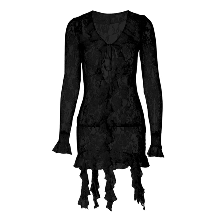 Long flared sleeve ruffle lace see through mini dress  | Festival Outfits Women