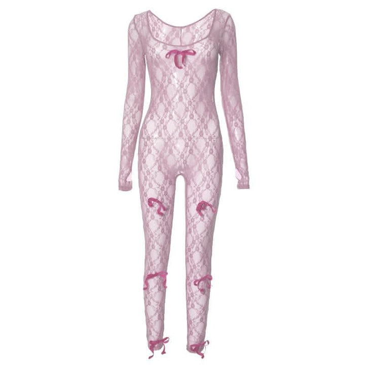 Long sleeve see through bowknot lace jumpsuit-final-sale  | Festival Outfits Women