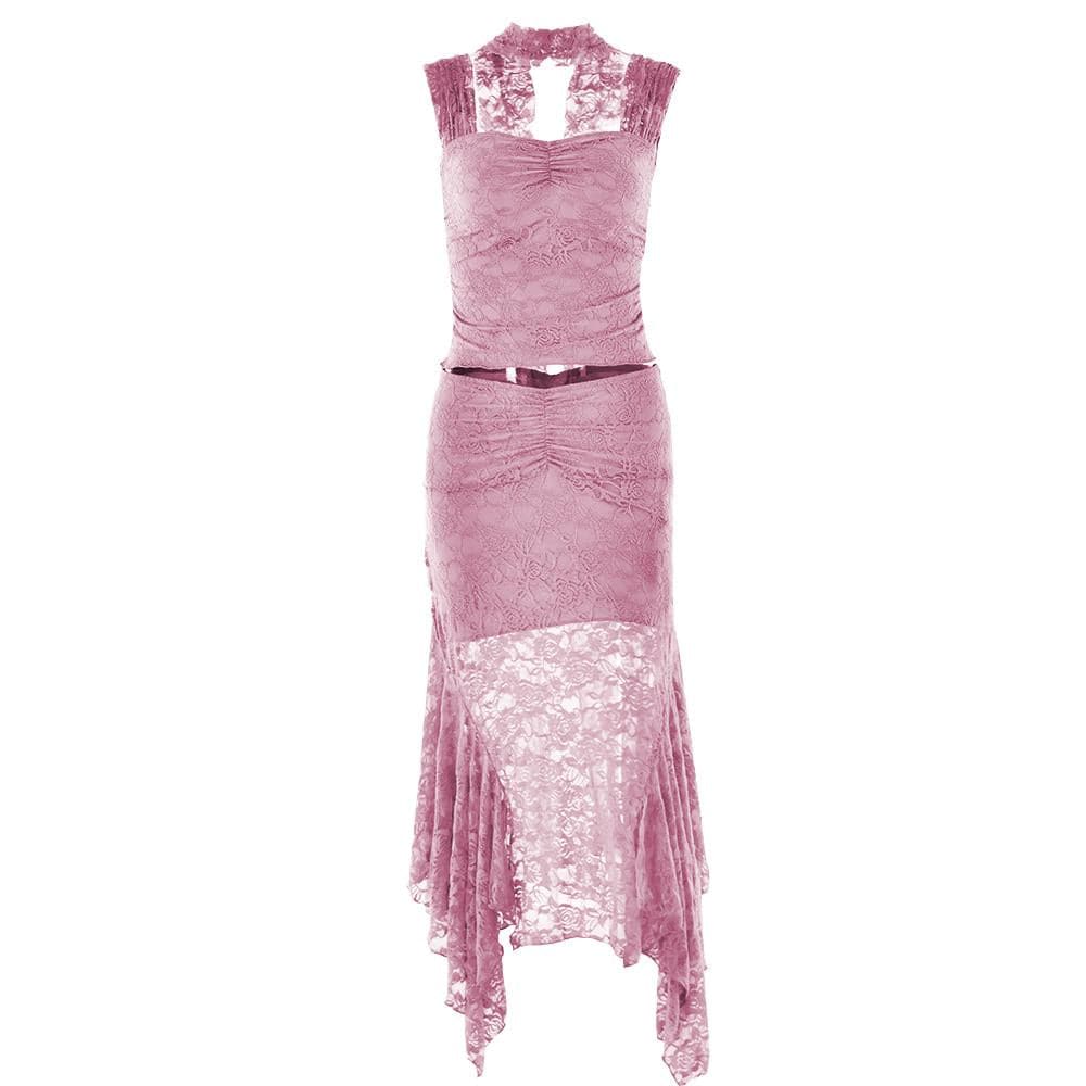 Cap sleeve lace ruffle ruched midi skirt set- Final Sale  | Festival Outfits Women