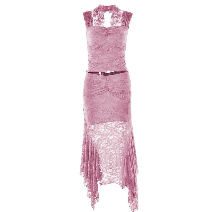 Cap sleeve lace ruffle ruched midi skirt set- Final Sale  | Festival Outfits Women