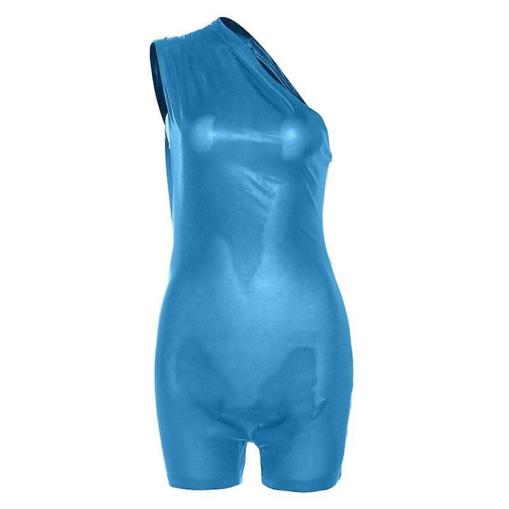 Irregular one shoulder metallic solid zip-up romper-final-sale  | Festival Outfits Women