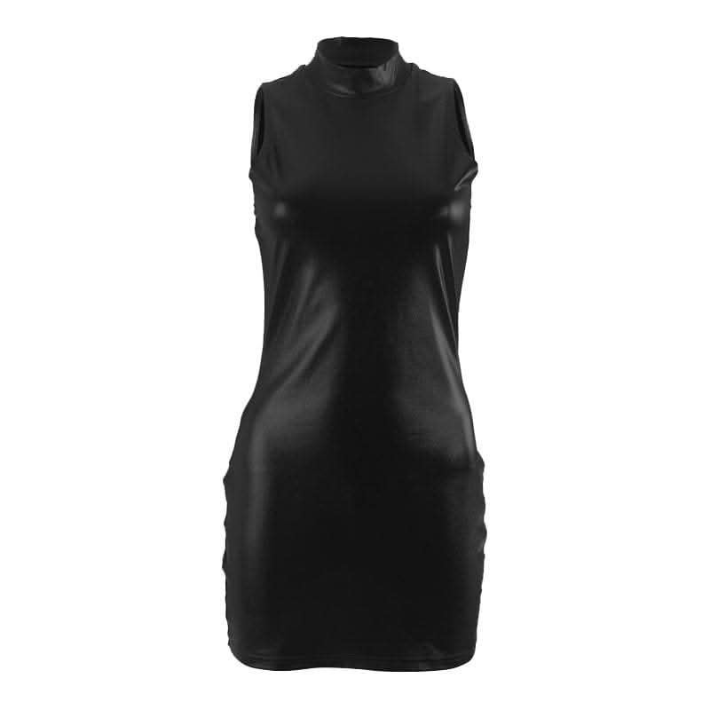 High neck metallic sleeveless solid mini dress-final-sale  | Festival Outfits Women