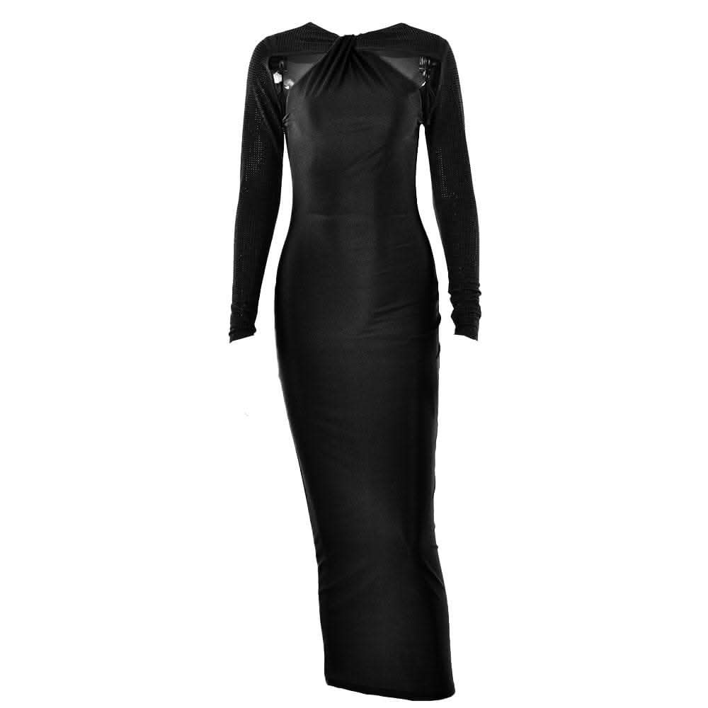 Long sleeve beaded zip-up hollow out patchwork cut out maxi dress-final-sale  | Festival Outfits Women