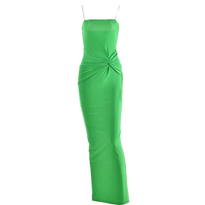 Metal chain square neck slit solid knotted maxi dress-final-sale  | Festival Outfits Women