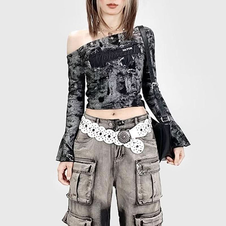 Long flared sleeve irregular tie dye one shoulder top  | Festival Outfits Women