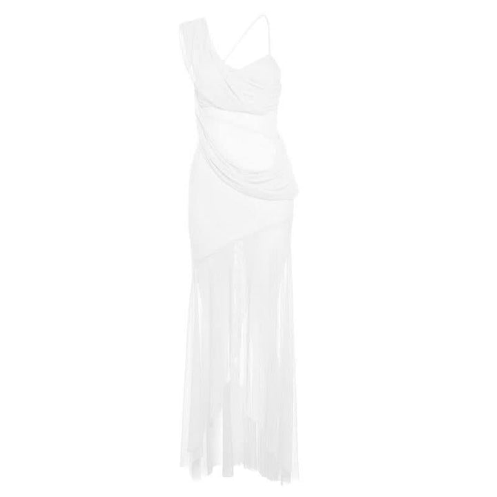 Irregular mesh v neck ruched solid cami maxi dress  | Festival Outfits Women
