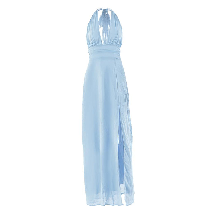 Halter deep v neck ruched high slit maxi dress  | Festival Outfits Women