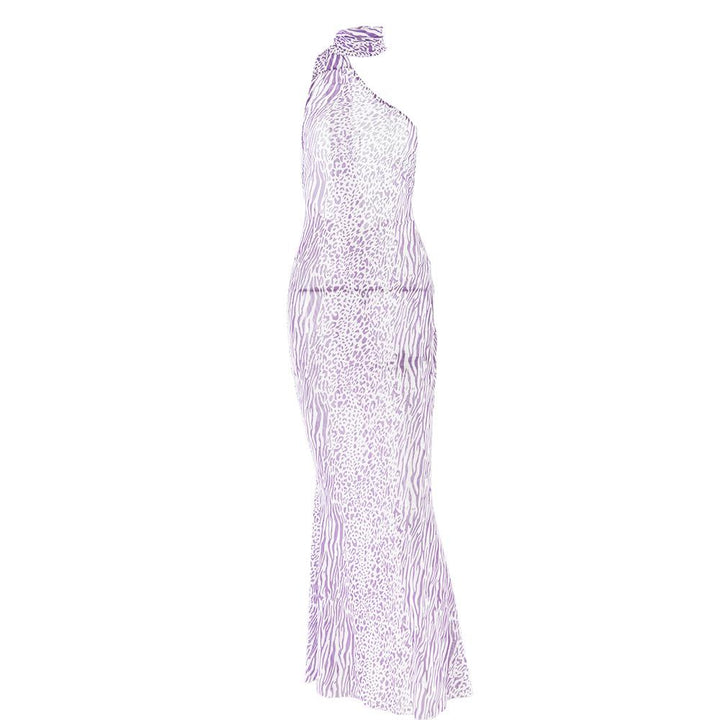 Halter one shoulder leopard print sheer mesh maxi dress  | Festival Outfits Women