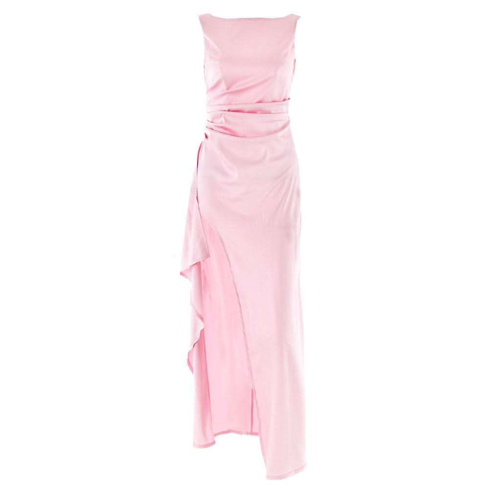 Ruched high slit satin round neck backless maxi dress  | Festival Outfits Women