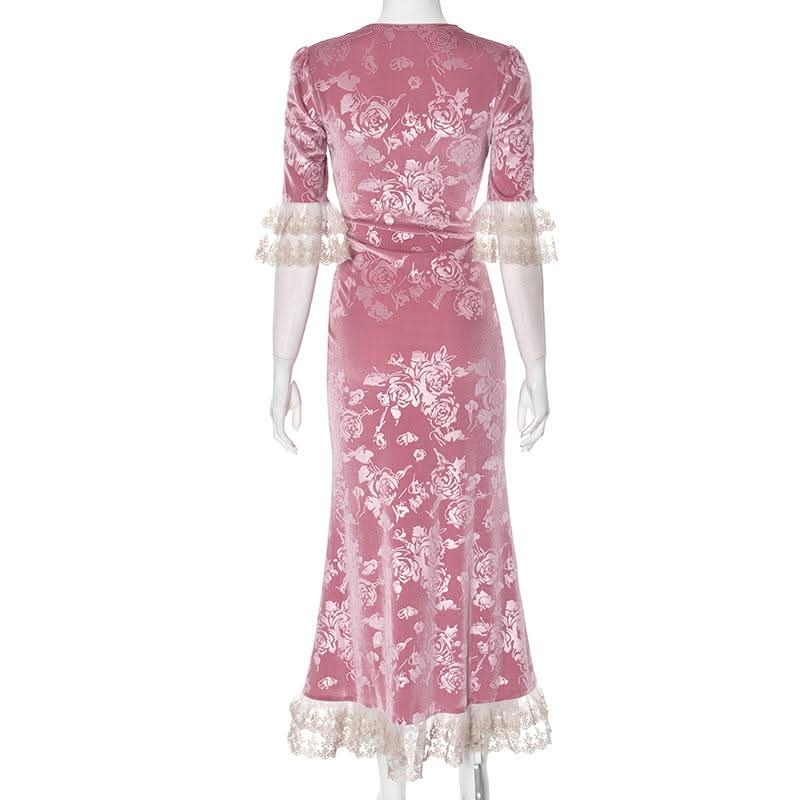 Lace hem v neck flower print velvet maxi dress  | Festival Outfits Women