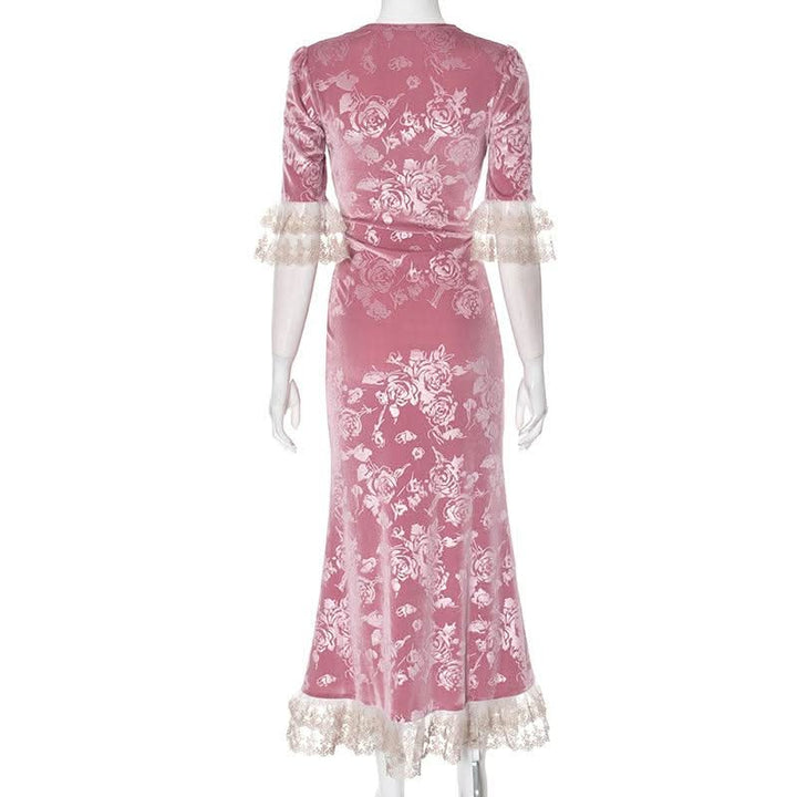 Lace hem v neck flower print velvet maxi dress  | Festival Outfits Women