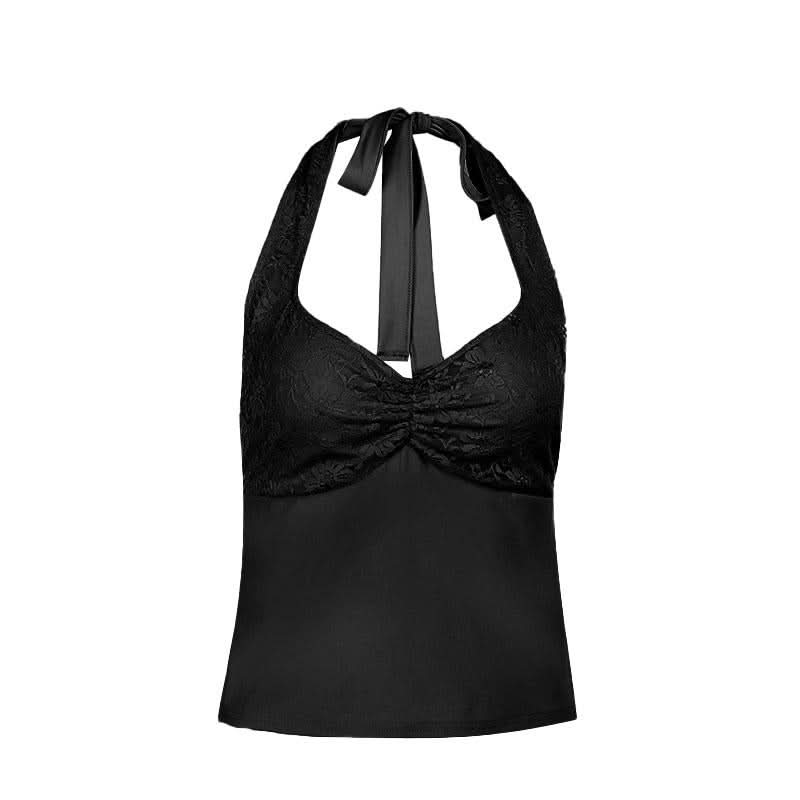 Halter self tie lace v neck ruched backless top  | Festival Outfits Women