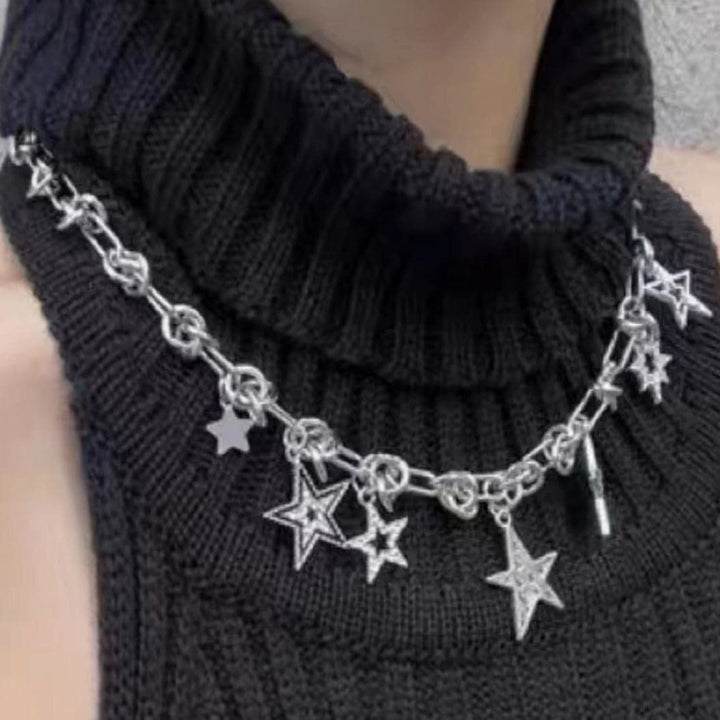 Star rhinestone pendant metal chain necklace  | Festival Outfits Women