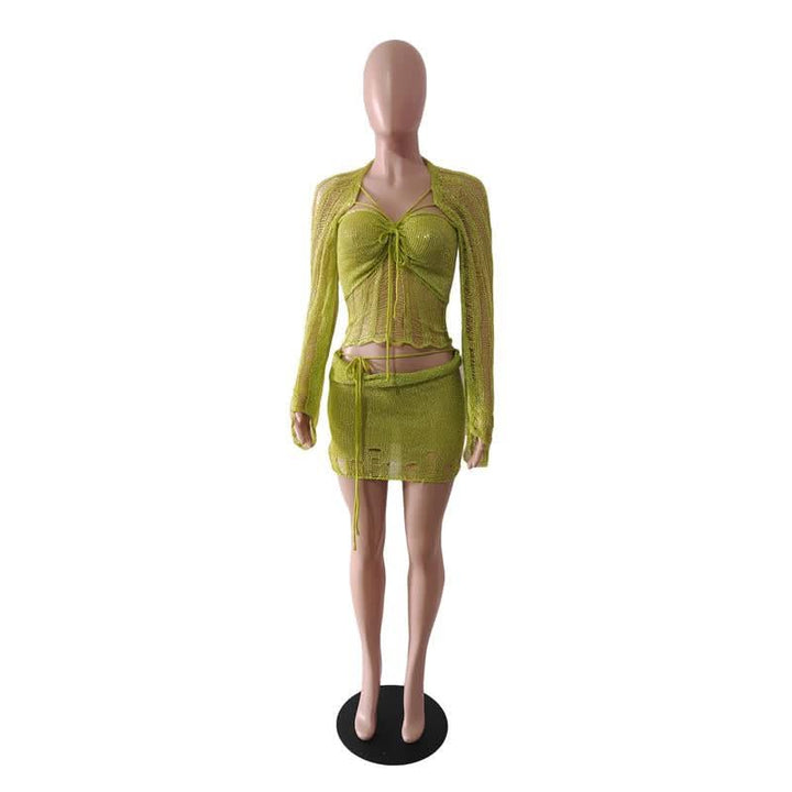 Glitter knitted long sleeve hollow out 3 piece mini skirt set  | Festival Outfits Women