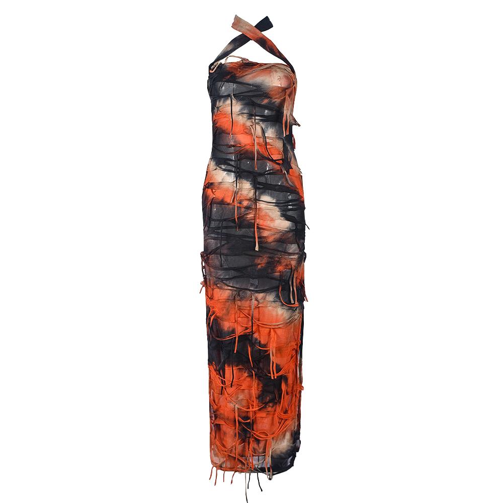 Halter tie dye high slit cross front maxi dress  | Festival Outfits Women