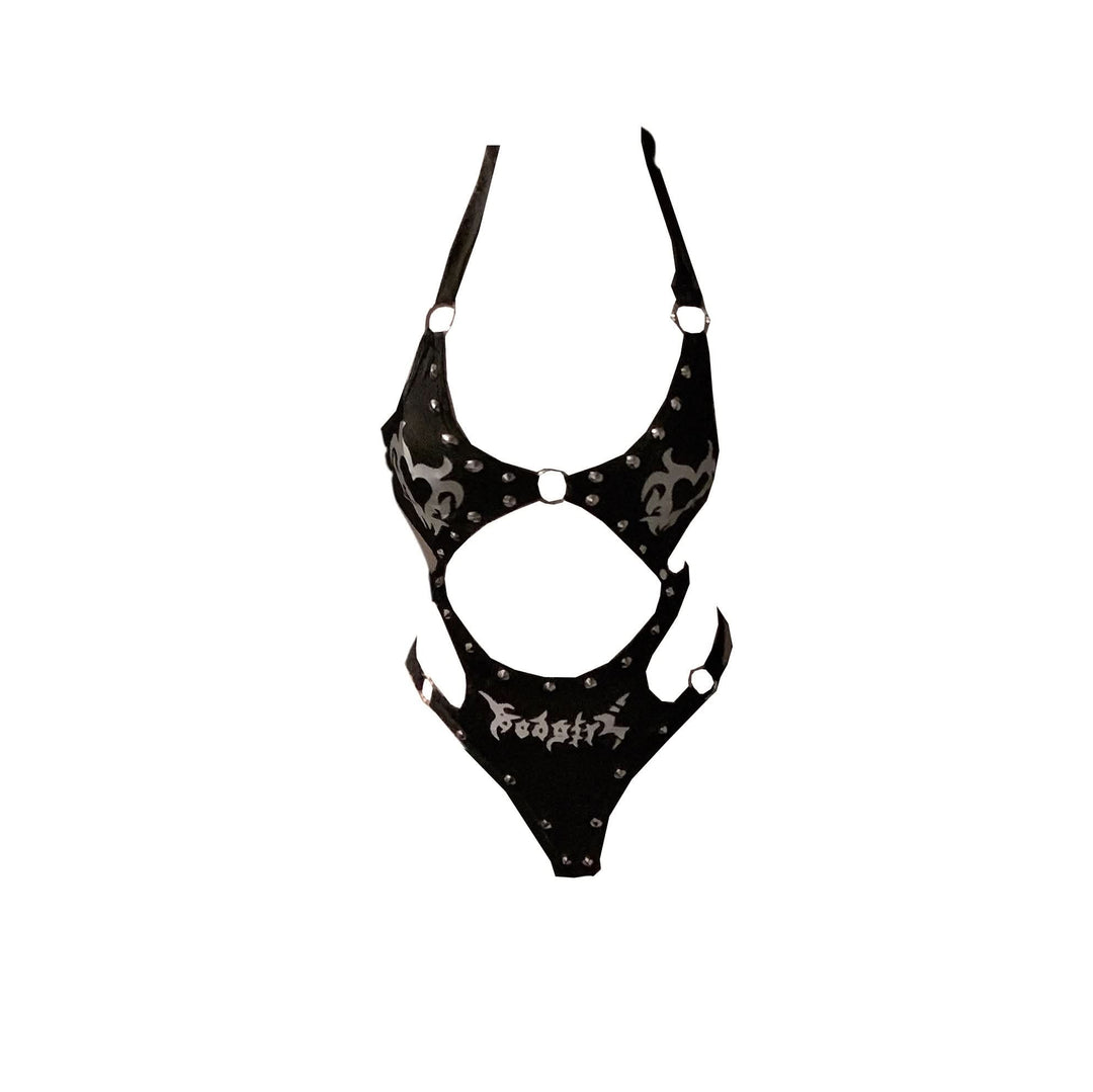 Halter beaded skeleton print o ring mini bodysuit  | Festival Outfits Women