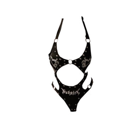 Halter beaded skeleton print o ring mini bodysuit  | Festival Outfits Women