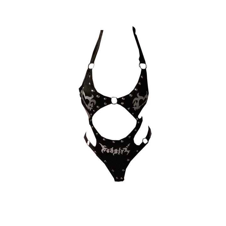 Halter beaded skeleton print o ring mini bodysuit  | Festival Outfits Women