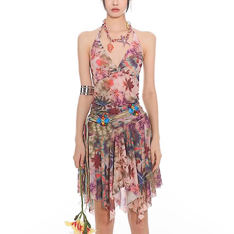 Halter self tie ruched print mesh v neck mini dress  | Festival Outfits Women