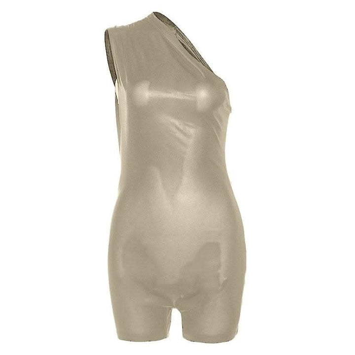 Irregular one shoulder metallic solid zip-up romper-final-sale  | Festival Outfits Women
