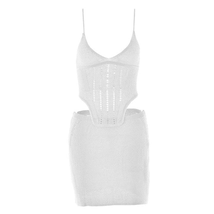 V neck knitted cross back backless cami mini skirt set  | Festival Outfits Women