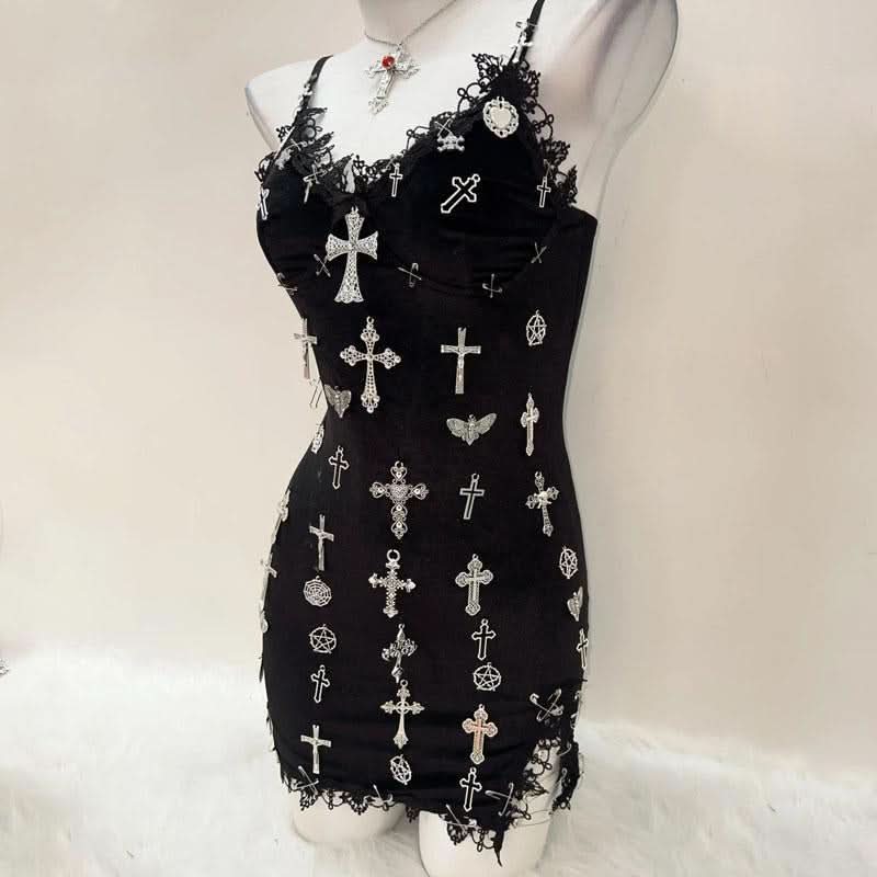 V neck cross applique bowknot cami mini dress  | Festival Outfits Women