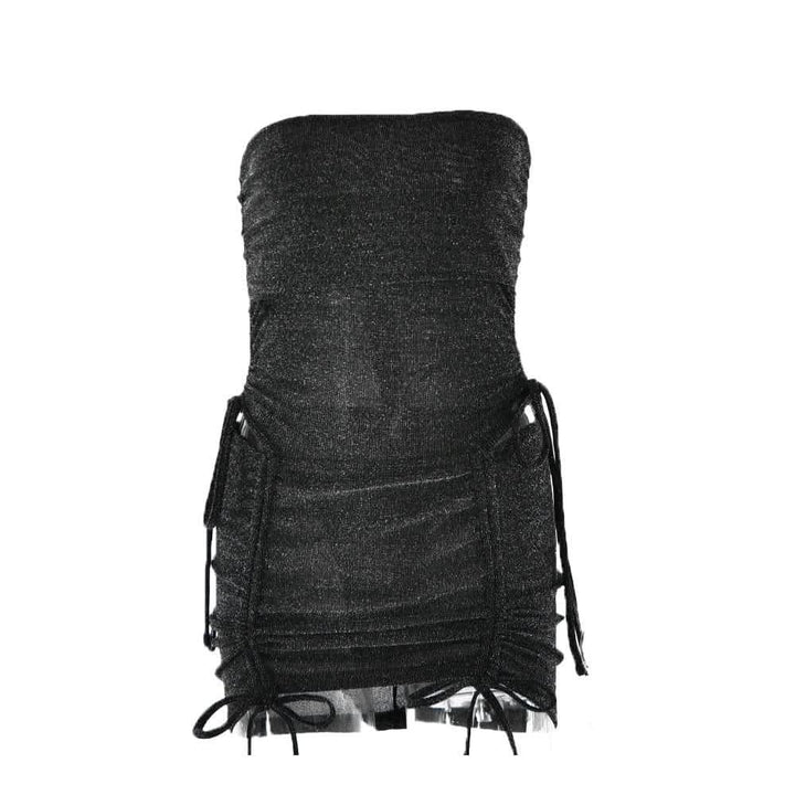 Drawstring textured backless solid bodysuit mini skirt set-final-sale  | Festival Outfits Women