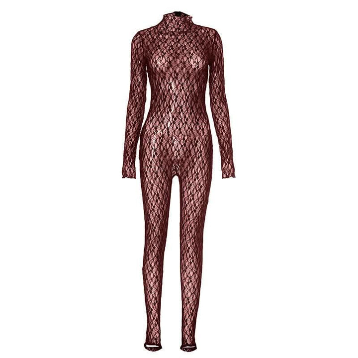 Long sleeve lace high neck zip-up see through jumpsuit  | Festival Outfits Women