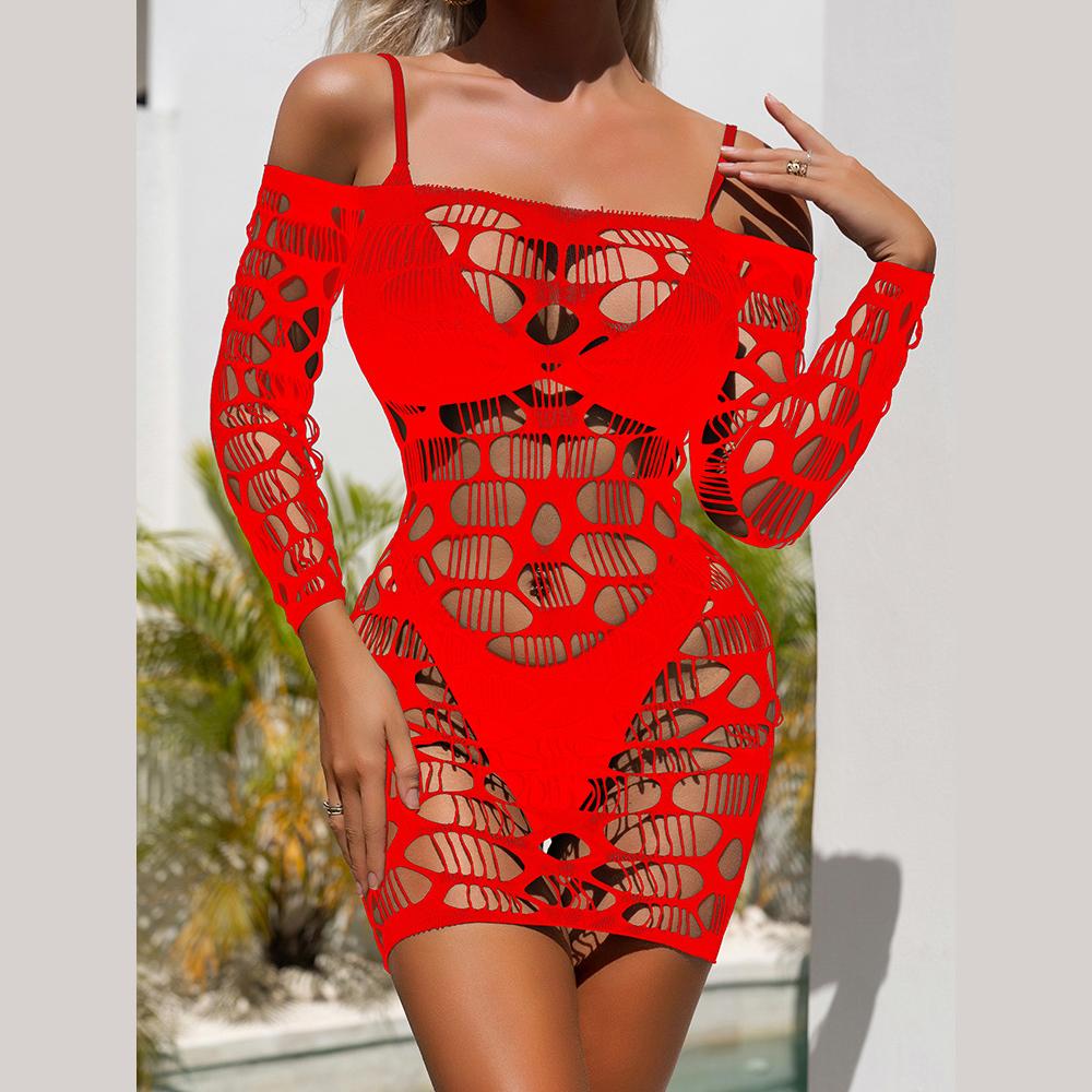 Long sleeve off shoulder net hollow out cut out mini dress  | Festival Outfits Women