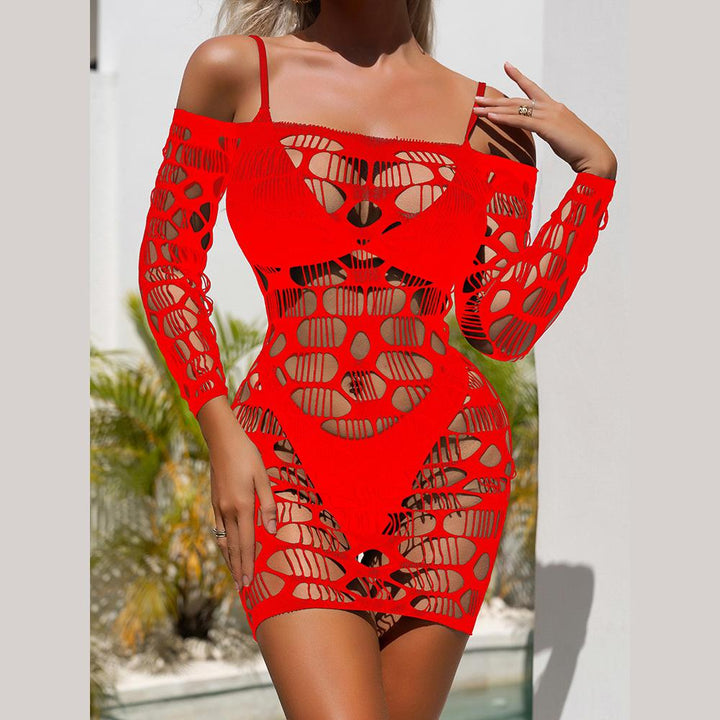 Long sleeve off shoulder net hollow out cut out mini dress  | Festival Outfits Women