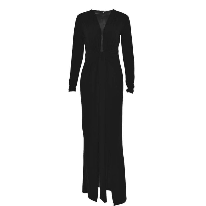 Long sleeve v neck ruched slit solid irregular maxi dress-final-sale  | Festival Outfits Women