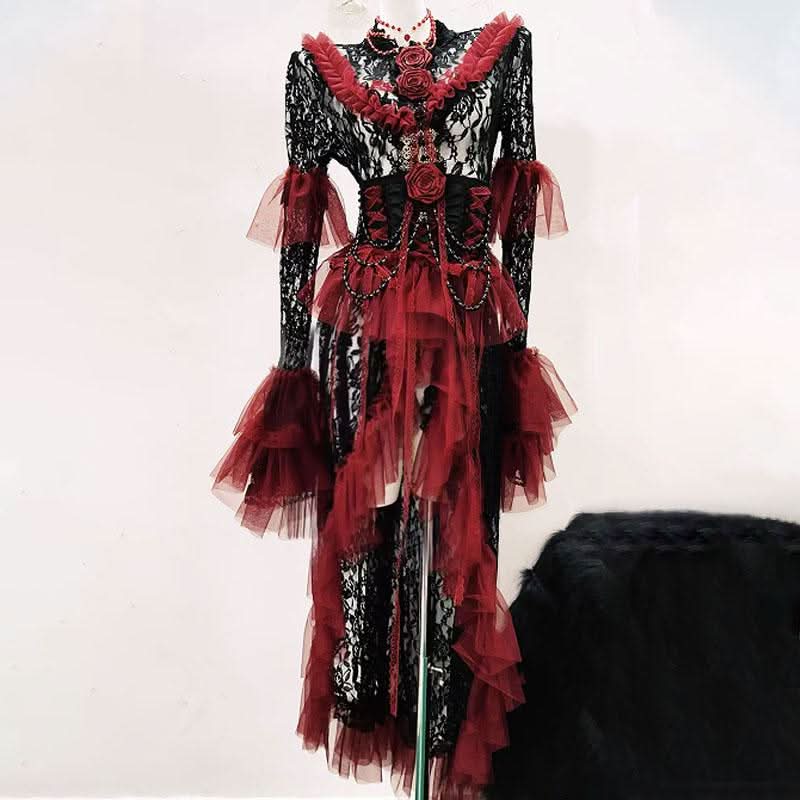 Long flared sleeve lace flower applique ruffle midi dress  | Festival Outfits Women