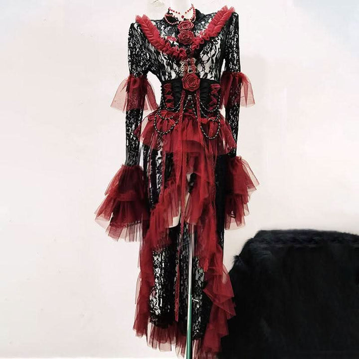 Long flared sleeve lace flower applique ruffle midi dress  | Festival Outfits Women