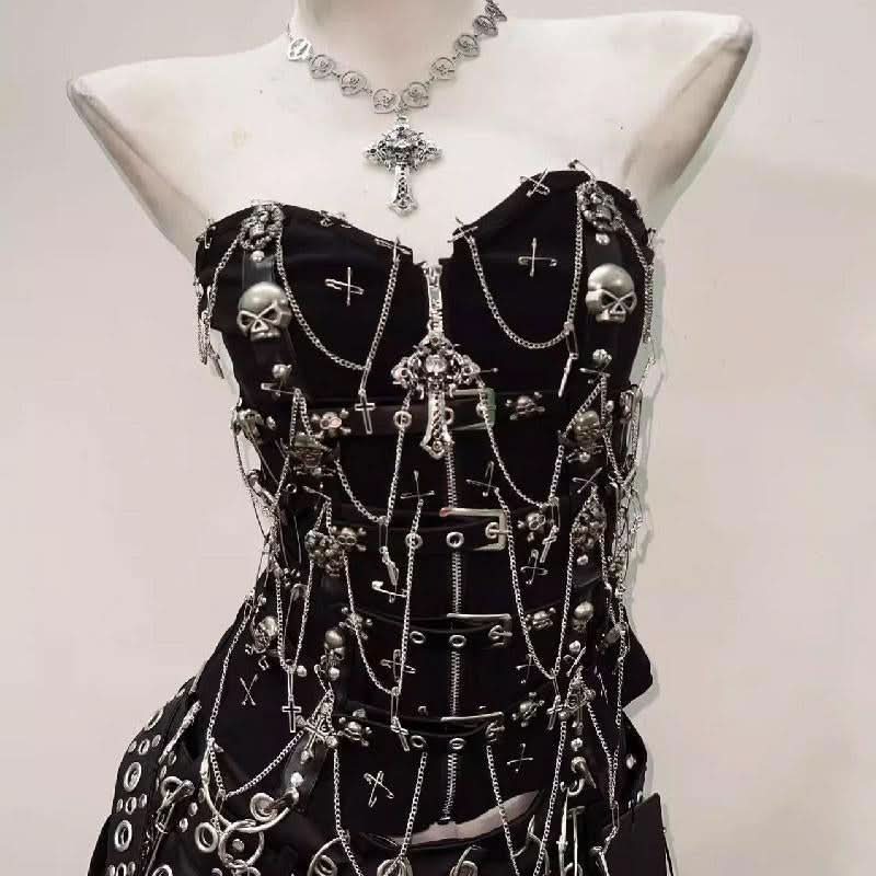 Sweetheart neck metal chain skull applique zip-up top  | Festival Outfits Women