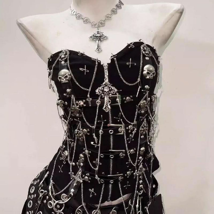 Sweetheart neck metal chain skull applique zip-up top  | Festival Outfits Women