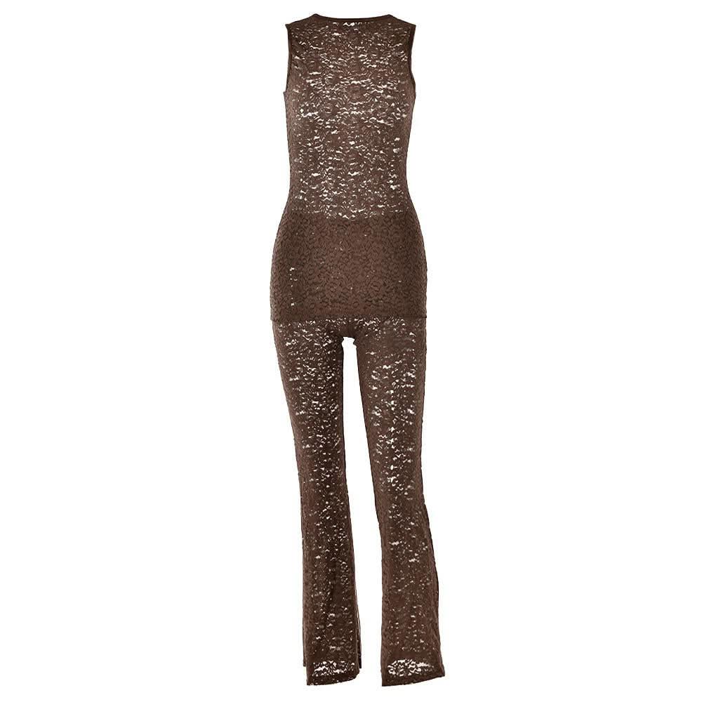 Crewneck lace sleeveless solid medium rise pant set  | Festival Outfits Women