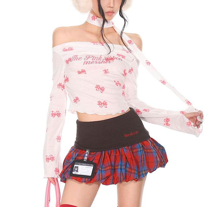 Long sleeve bowknot print ruffle off shoulder top  | Festival Outfits Women