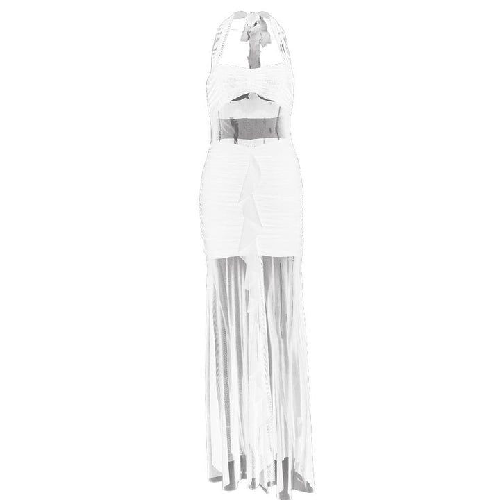 Halter patchwork mesh ruched ruffle maxi dress  | Festival Outfits Women