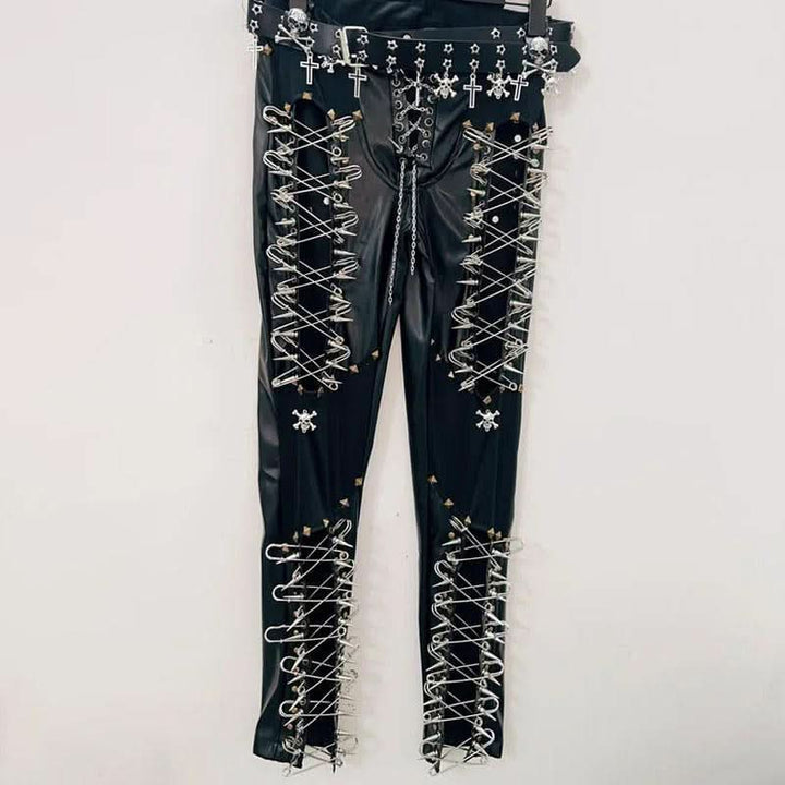 Lace up metal chain hollow out skull applique pant  | Festival Outfits Women