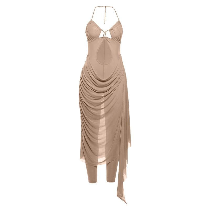 Metal chain halter ruched sheer mesh hollow out cut out maxi dress  | Festival Outfits Women