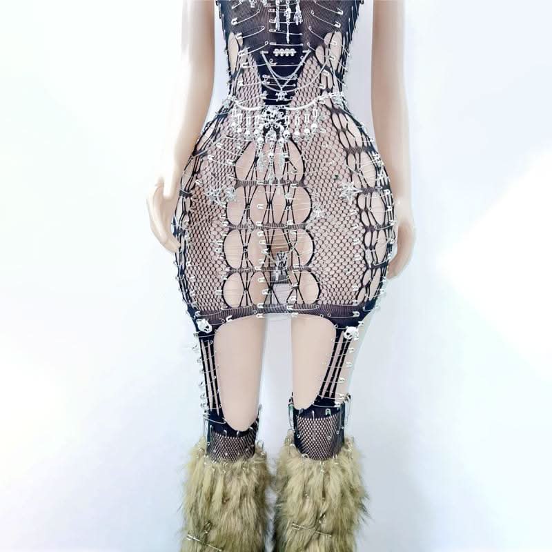 Skull fishnet metal chain suspender mini dress  | Festival Outfits Women