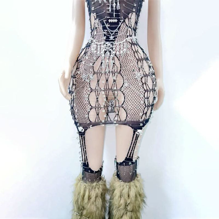 Skull fishnet metal chain suspender mini dress  | Festival Outfits Women