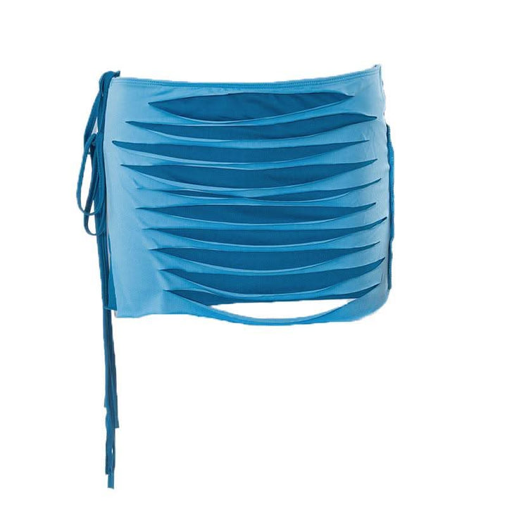 Contrast low cut hollow out self tie irregular mini skirt set-final-sale  | Festival Outfits Women