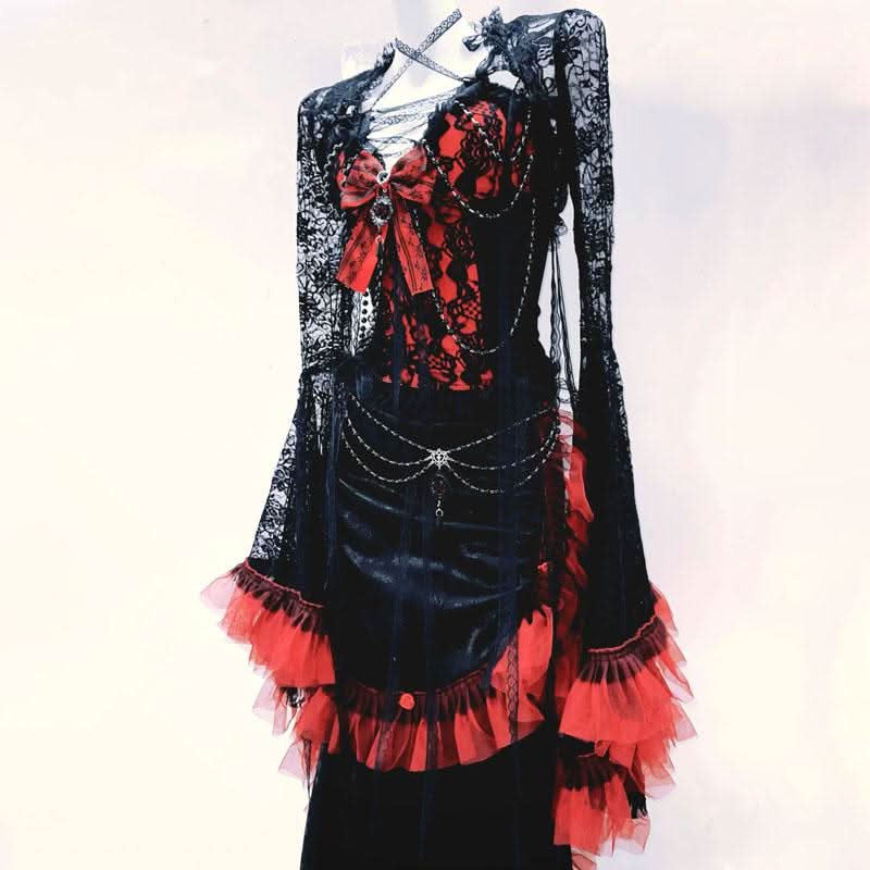 Long flared sleeve lace bowknot pleated maxi dress  | Festival Outfits Women