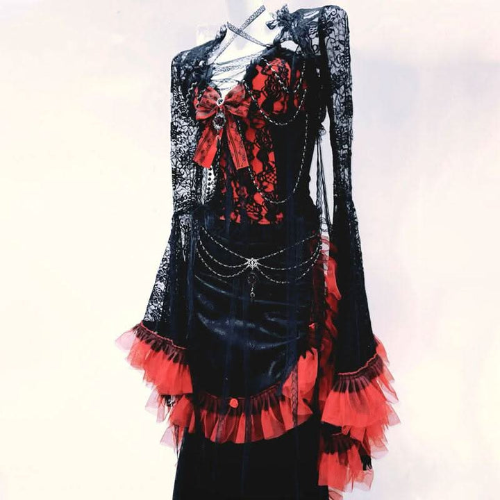 Long flared sleeve lace bowknot pleated maxi dress  | Festival Outfits Women