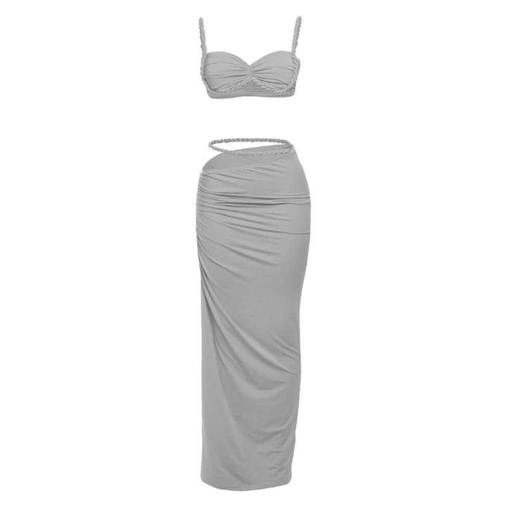 Irregular hollow out ruched v neck cami maxi skirt set  | Festival Outfits Women
