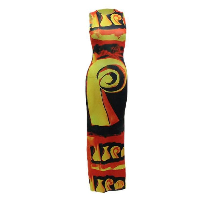 Crewneck sleeveless contrast print slit maxi dress-final-sale  | Festival Outfits Women