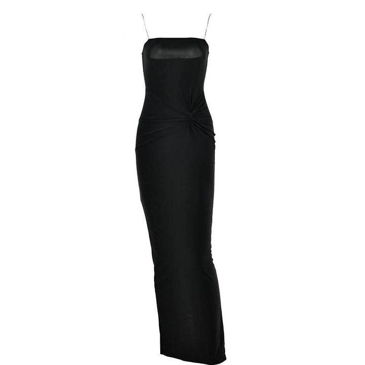 Metal chain square neck slit solid knotted maxi dress-final-sale  | Festival Outfits Women