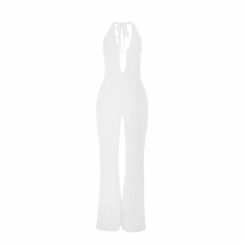Halter self tie deep V neck lace backless jumpsuit  | Festival Outfits Women