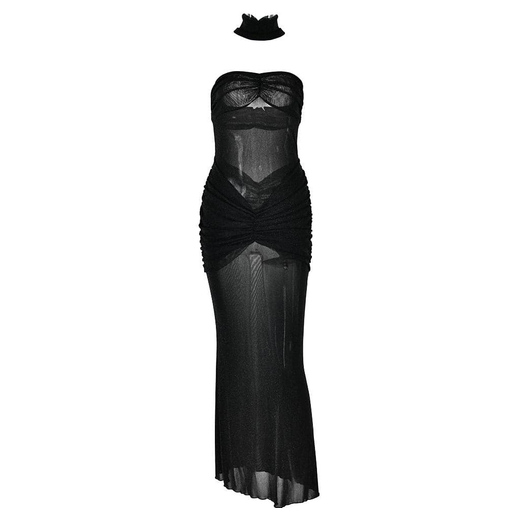 Sweetheart neck ruched see through glitter tube maxi dress  | Festival Outfits Women